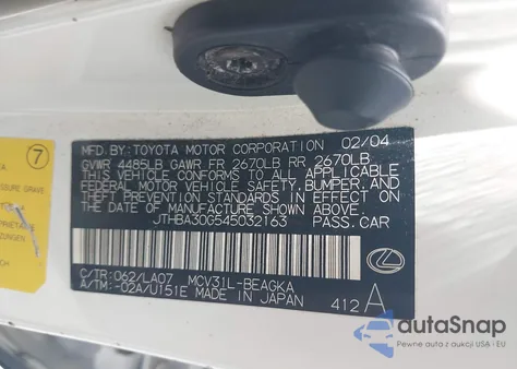 2004 Lexus Es 330 из США, поврежденный, VIN JTHBA30G545032163